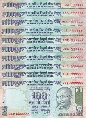 India - 100 Rupee - P-91 - 111111 thru 1,000,000 - Solid Numbers - Set of 10